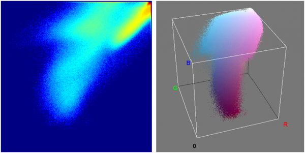 Histogramme conjoint et histogramme 3D dans l'espace RGB d'une image couleur (coupe de tige de maïs colorée au FASGA)